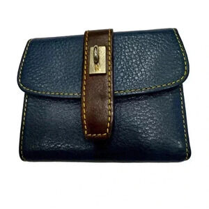 Navy blue pebble leather trifold wallet. Red interior. Perfect condition